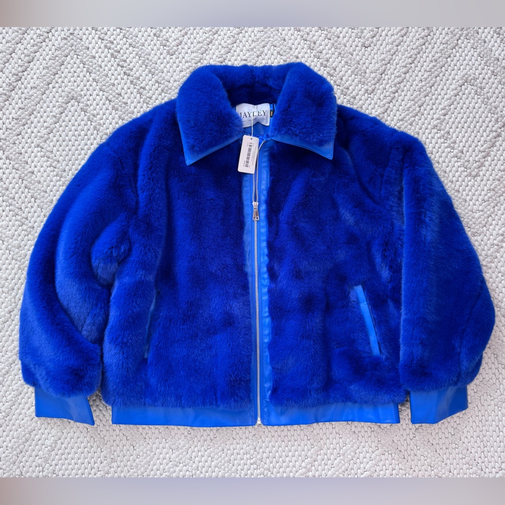 NWT Jayley Boutique Bright Blue Faux Fur Jacket S/M